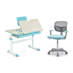 Costway Bureau d'Etude pour Enfants Réglable en Hauteur Plateau Inclinable pour 3-12 Ans + Chaise à Roulettes Hauteur Réglable 80-91,5CM Bleu