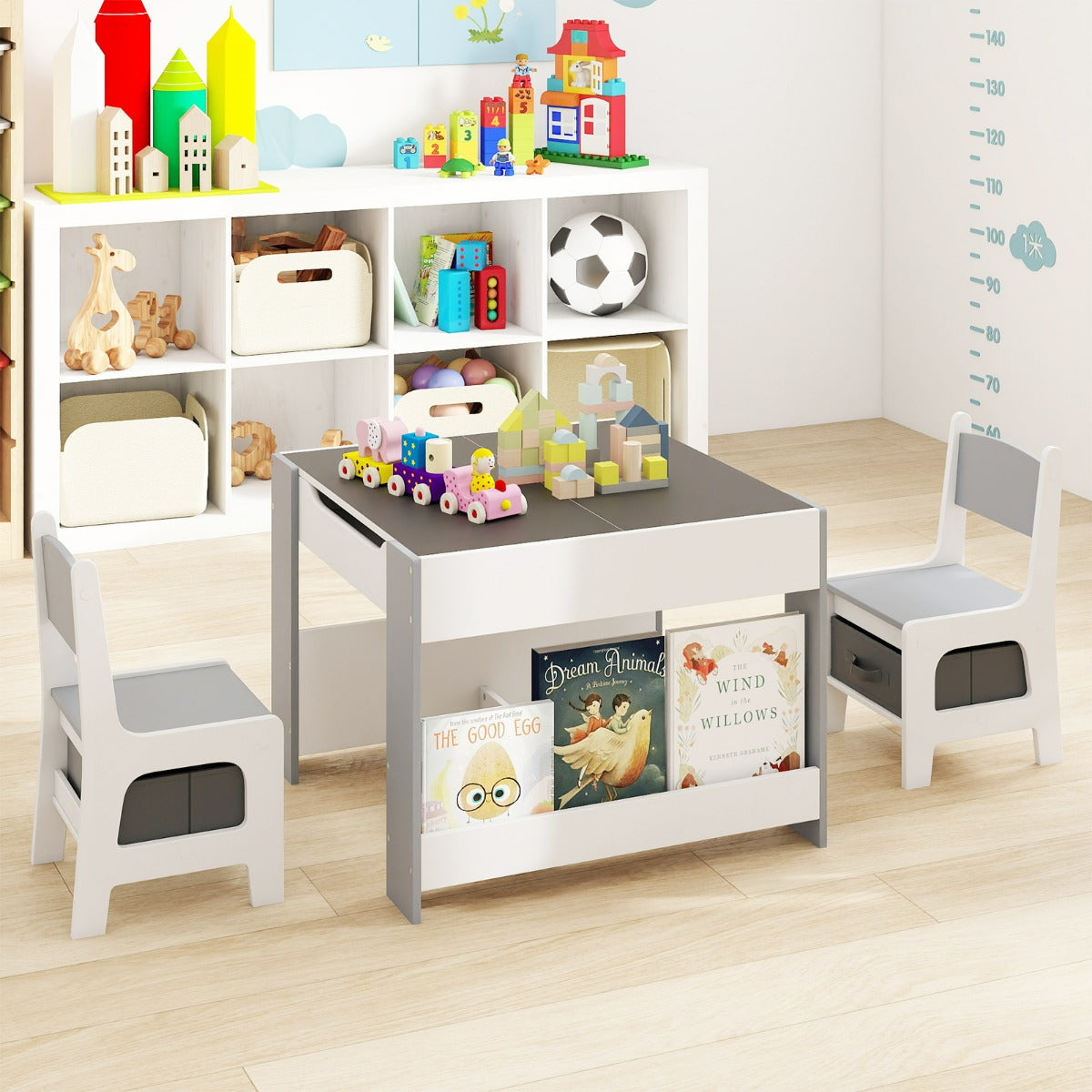 Costway Table et Chaise Enfants 4 en 1 Table d’Activité pour Tout-Petits avec Plateaux Réversibles Double Face & Bibliothèques Latérales Gris