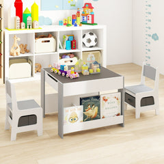 Costway Table et Chaise Enfants 4 en 1 Table d’Activité pour Tout-Petits avec Plateaux Réversibles Double Face & Bibliothèques Latérales Gris