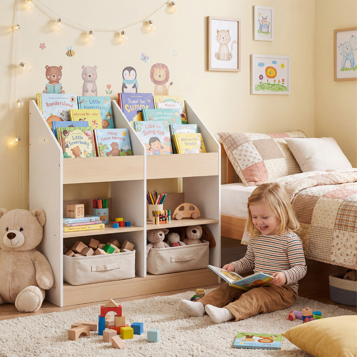 Costway Étagère pour Enfants Support pour Livres pour Tout-petits avec 4 Cubes Verticaux et 4 Compartiments de Rangement Étagère en Bois Blanc
