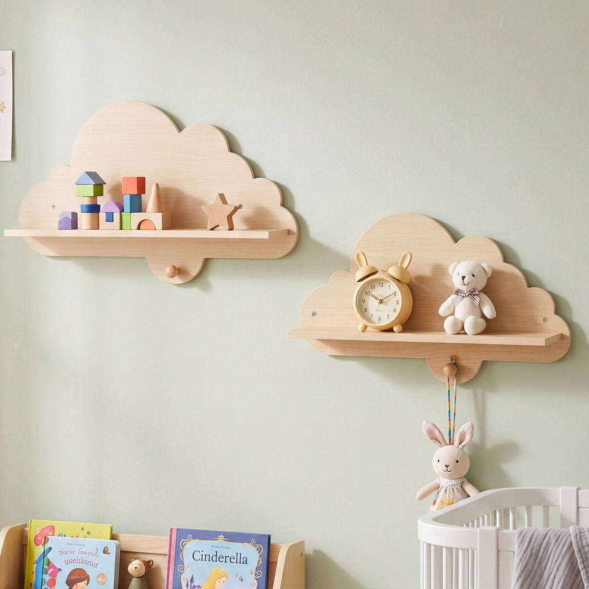 Costway Lot de 2 Étagères Murales Enfant Forme Nuage Bibliothèque Suspendue avec Patères en Bois Étagère de Rangement Flottante Naturel