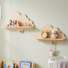 Costway Lot de 2 Étagères Murales Enfant Forme Nuage Bibliothèque Suspendue avec Patères en Bois Étagère de Rangement Flottante Naturel