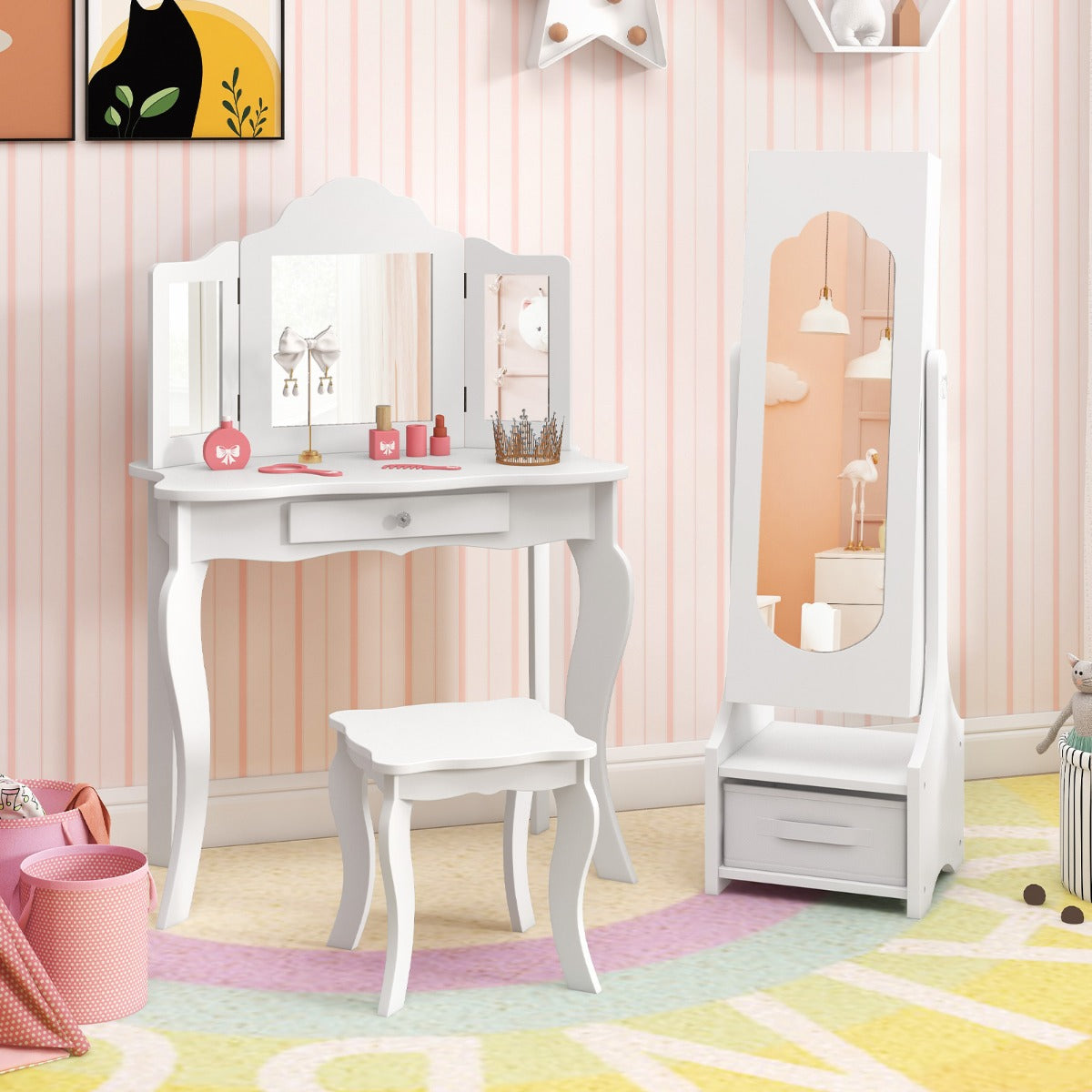 Costway Armoire à Bijoux pour Enfants Miroir sur Pied Pleine Longueur avec Rangement et 2 Angles d’Inclinaison Miroir de Coiffure pour Enfants Blanc