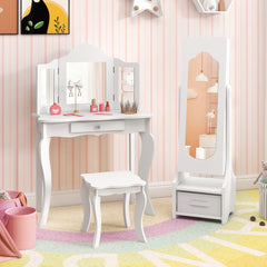 Costway Armoire à Bijoux pour Enfants Miroir sur Pied Pleine Longueur avec Rangement et 2 Angles d’Inclinaison Miroir de Coiffure pour Enfants Blanc