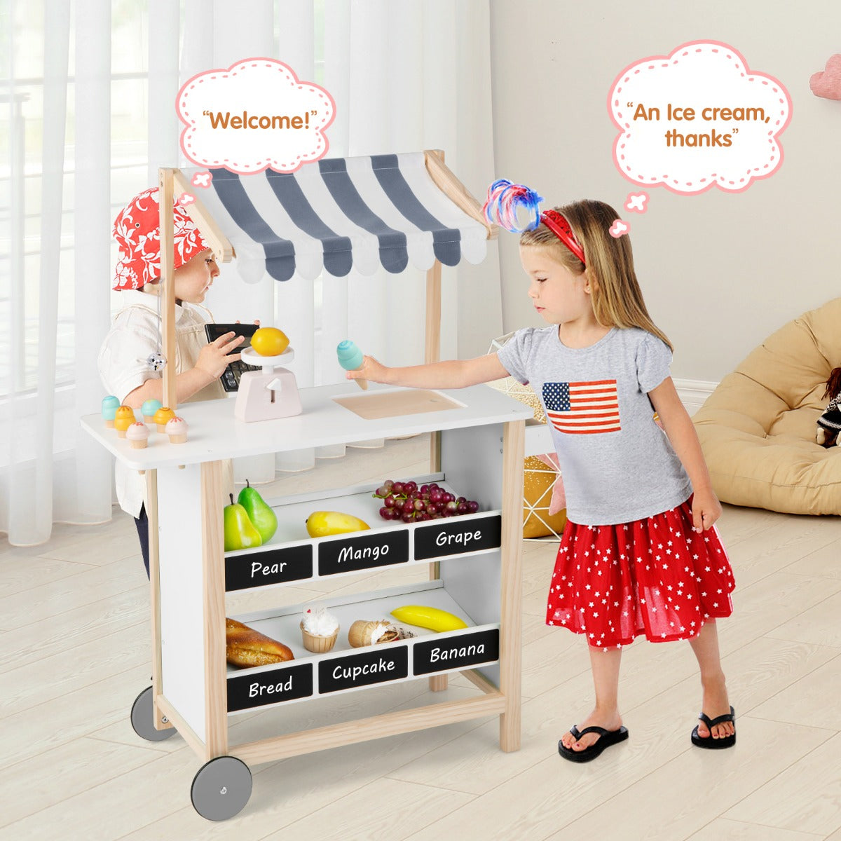 Costway Chariot à Crème Glacée en Bois pour Enfants avec Étagères d'Épicerie Épicerie pour Tout-Petits avec 6 Pots de Crème Glacée pour 3+ Blanc