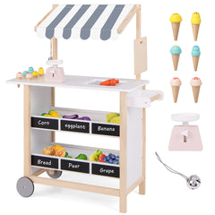Costway Chariot à Crème Glacée en Bois pour Enfants avec Étagères d'Épicerie Épicerie pour Tout-Petits avec 6 Pots de Crème Glacée pour 3+ Blanc