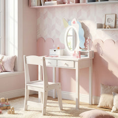 Costway Coiffeuse pour Enfant Bureau 2 en 1 avec Miroir et Tabouret Lumières LED 2 Tiroir Dispositif Anti-basculement pour 3-6 Ans Blanc