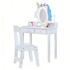 Costway Coiffeuse pour Enfant Bureau 2 en 1 avec Miroir et Tabouret Lumières LED 2 Tiroir Dispositif Anti-basculement pour 3-6 Ans Blanc