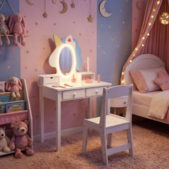 Costway Coiffeuse pour Enfant Bureau 2 en 1 avec Miroir et Tabouret Lumières LED 2 Tiroir Dispositif Anti-basculement pour 3-6 Ans Blanc