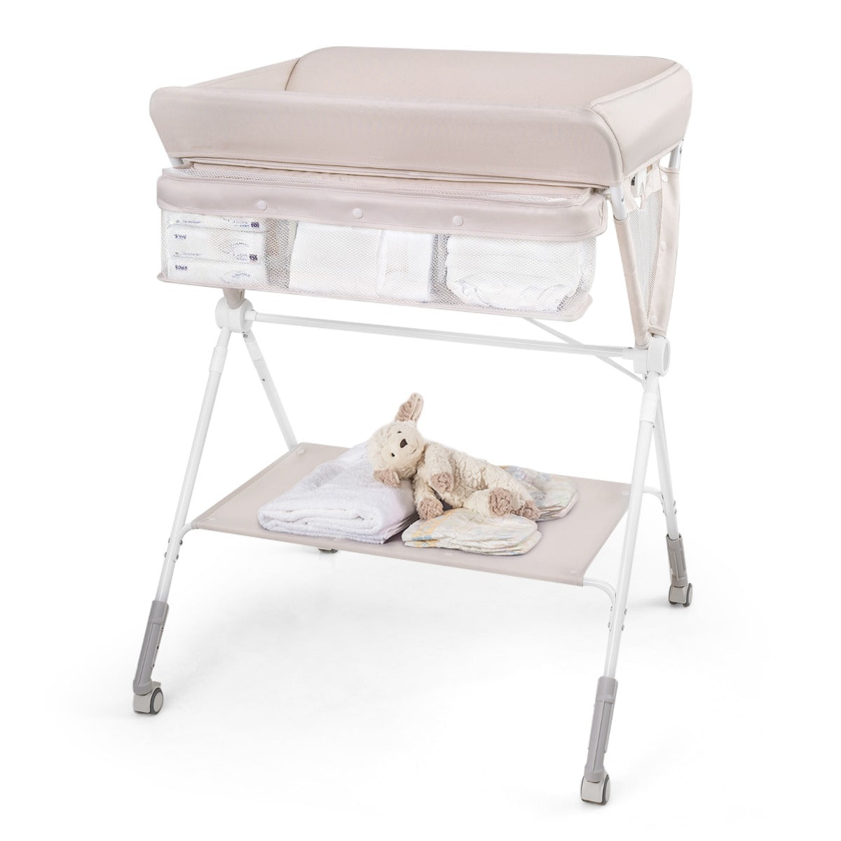 Costway Table à Langer Pliante pour Bébé Table à Langer Portable Réglable en Hauteur sur 6 Niveaux avec Roulettes Étagère et Panier Station Beige