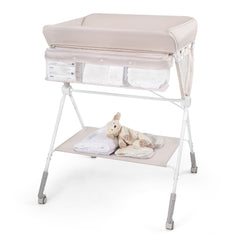 Costway Table à Langer Pliante pour Bébé Table à Langer Portable Réglable en Hauteur sur 6 Niveaux avec Roulettes Étagère et Panier Station Beige