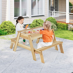 Costway Table de Pique-nique pour Enfants Ensemble 4 en 1 avec Table et Bancs en Bois avec Plateau Amovible et 2 Coffres de Rangement Naturel