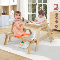 Costway Table de Pique-nique pour Enfants Ensemble 4 en 1 avec Table et Bancs en Bois avec Plateau Amovible et 2 Coffres de Rangement Naturel