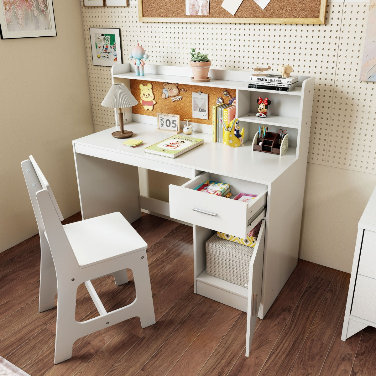 Costway Ensemble Bureau et Chaise d'Étude pour Enfants Table d'Écriture avec Étagères Tiroir Armoire de Rangement Cadeau pour 3+ Ans Blanc