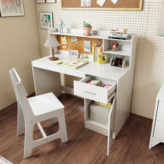 Costway Ensemble Bureau et Chaise d'Étude pour Enfants Table d'Écriture avec Étagères Tiroir Armoire de Rangement Cadeau pour 3+ Ans Blanc