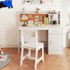 Costway Ensemble Bureau et Chaise d'Étude pour Enfants Table d'Écriture avec Étagères Tiroir Armoire de Rangement Cadeau pour 3+ Ans Blanc