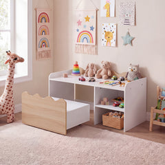Costway Meuble de Rangement Enfant Bureau Enfant avec Coffre Mobile Plateau Spacieux Étagère Couvercle Relevable 4 Roulettes Naturel