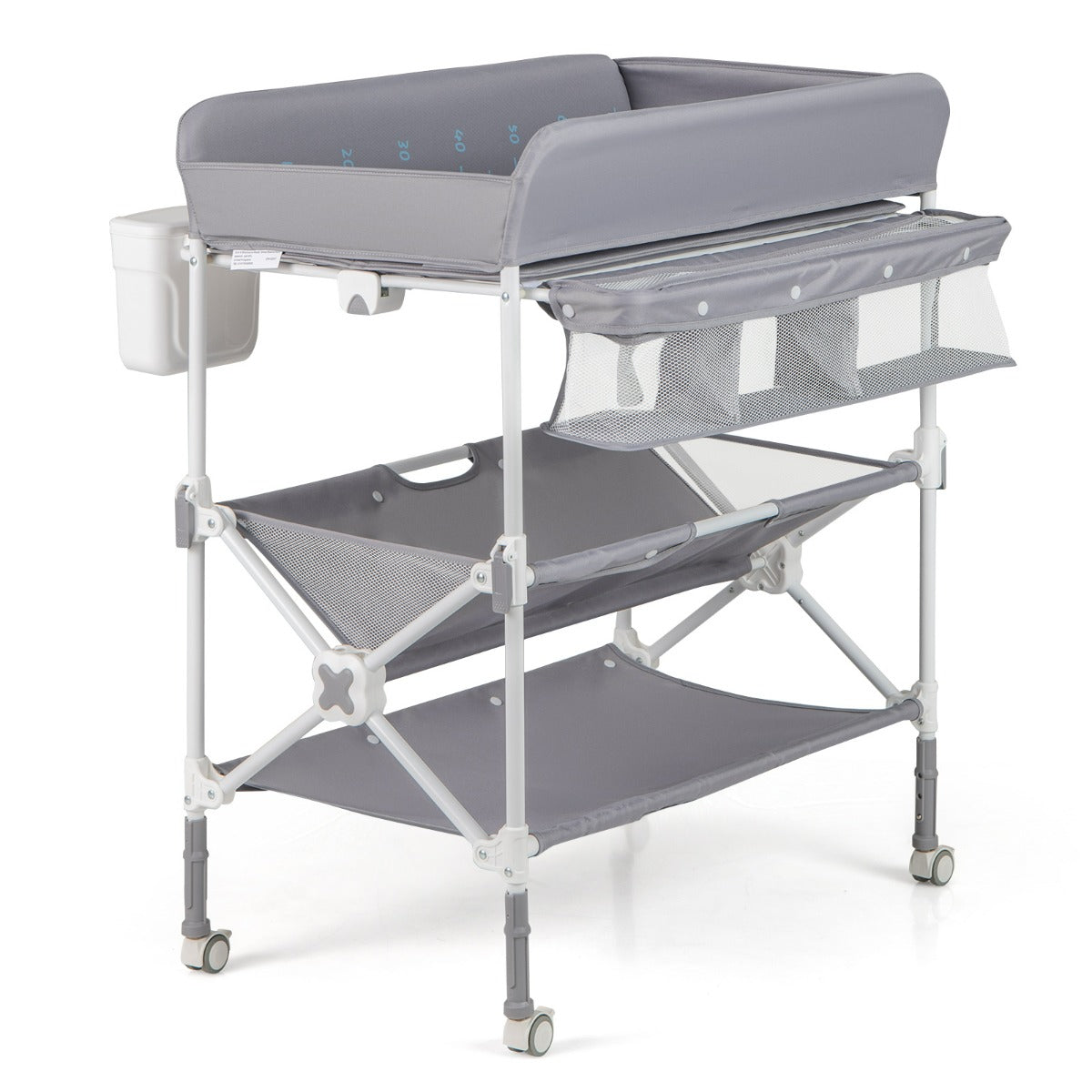 Costway Table à Langer Portable pour Bébé avec Roulettes Station Pliable Imperméable à Hauteur Réglable Étagères et Poubelle Organiseur Gris