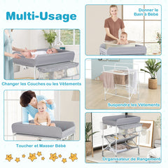 Costway Table à Langer Portable pour Bébé avec Roulettes Station Pliable Imperméable à Hauteur Réglable Étagères et Poubelle Organiseur Gris