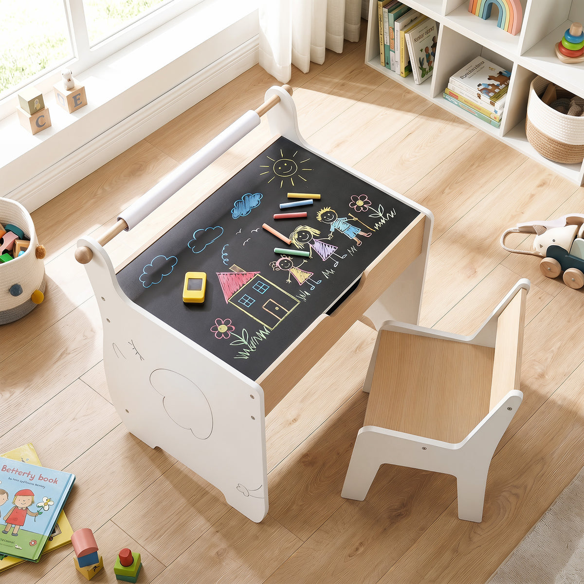 Costway Table et Chaise pour Enfants Bureau d'Activités en Bois pour Tout-petits Plateau Amovible 2 en 1 Rangement Porte-rouleau de Papier Blanc