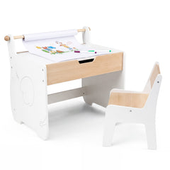 Costway Table et Chaise pour Enfants Bureau d'Activités en Bois pour Tout-petits Plateau Amovible 2 en 1 Rangement Porte-rouleau de Papier Blanc