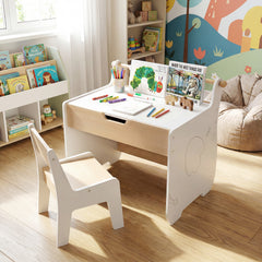 Costway Table et Chaise pour Enfants Bureau d'Activités en Bois pour Tout-petits Plateau Amovible 2 en 1 Rangement Porte-rouleau de Papier Blanc