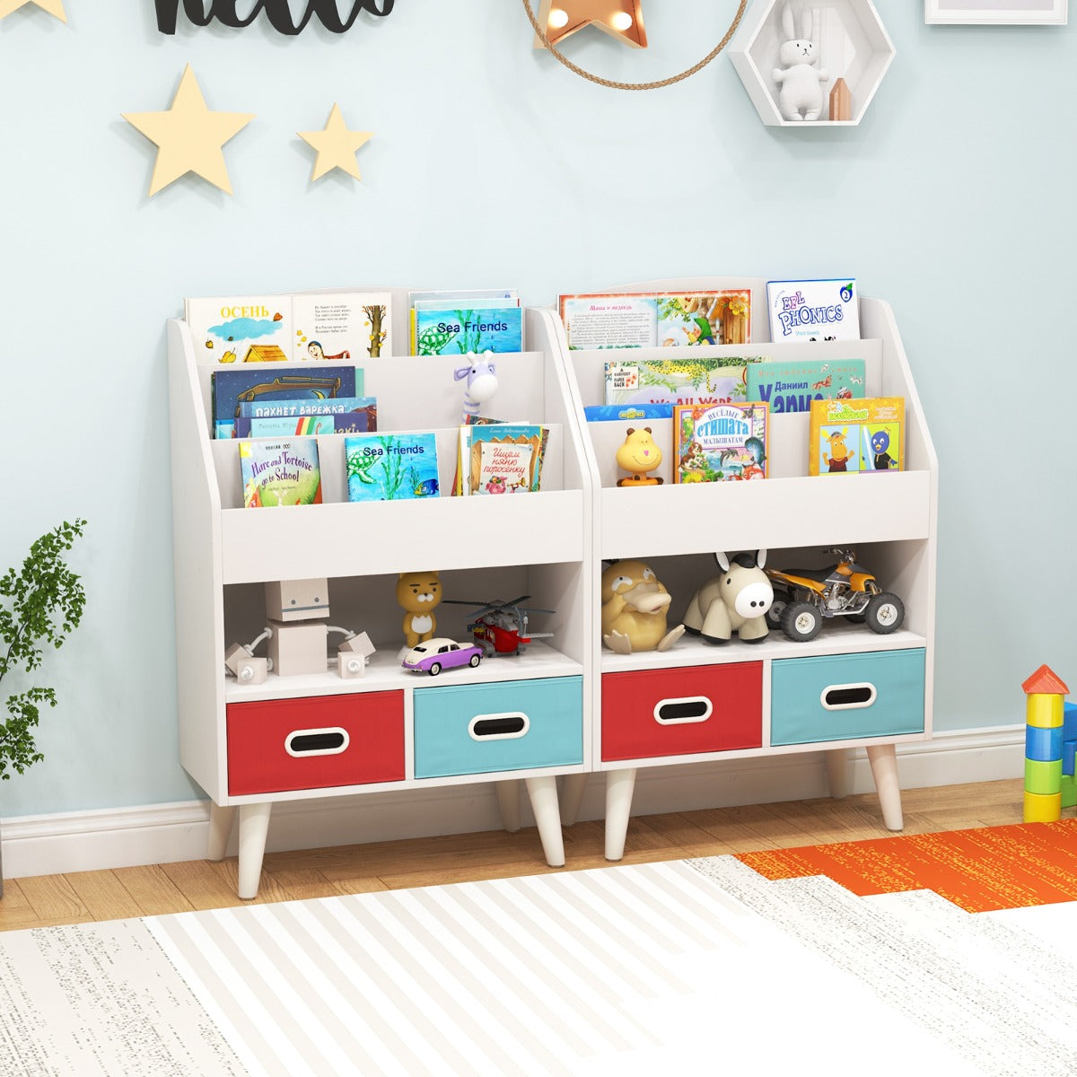 Costway Bibliothèque pour Enfants Etagère en Bois à 3 Niveaux Compartiment Ouvert 2 Tiroirs Pliables en Tissu Kits Anti-basculement Blanc