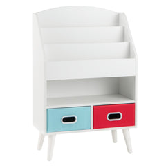 Costway Bibliothèque pour Enfants Etagère en Bois à 3 Niveaux Compartiment Ouvert 2 Tiroirs Pliables en Tissu Kits Anti-basculement Blanc