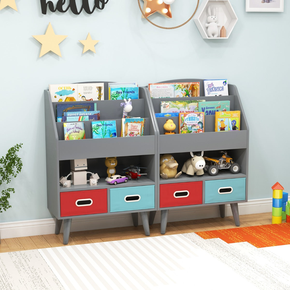 Costway Bibliothèque pour Enfants Etagère en Bois à 3 Niveaux Compartiment Ouvert 2 Tiroirs Pliables en Tissu Kits Anti-basculement Gris