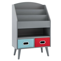 Costway Bibliothèque pour Enfants Etagère en Bois à 3 Niveaux Compartiment Ouvert 2 Tiroirs Pliables en Tissu Kits Anti-basculement Gris