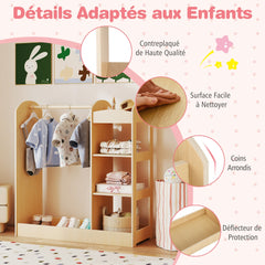 Costway Meuble Rangement Ouverte pour Enfant avec 4 Étagères et Porte-Vêtements en Bois pour Chamre Enfant 93,5x 38 x 100 cm Naturel