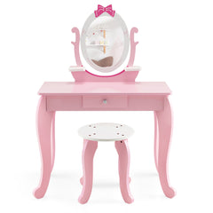 Costway Coiffeuse Enfant Miroir Rotatif à 360° Tabouret 1 Tiroir et 2 Etagères de Rangement Rose pour Fille 3 7 ans