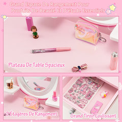 Costway Coiffeuse Enfant Miroir Rotatif à 360° Tabouret 1 Tiroir et 2 Etagères de Rangement Rose pour Fille 3 7 ans