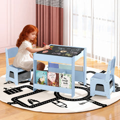 Costway Ensemble Table et Chaises pour Enfants Bureau d'Activités en Bois pour Tout-Petits avec Plateau Réversible Bibliothèques & Tiroirs Bleu