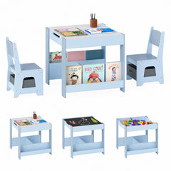 Costway Ensemble Table et Chaises pour Enfants Bureau d'Activités en Bois pour Tout-Petits avec Plateau Réversible Bibliothèques & Tiroirs Bleu