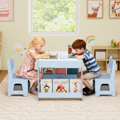 Costway Ensemble Table et Chaises pour Enfants Bureau d'Activités en Bois pour Tout-Petits avec Plateau Réversible Bibliothèques & Tiroirs Bleu