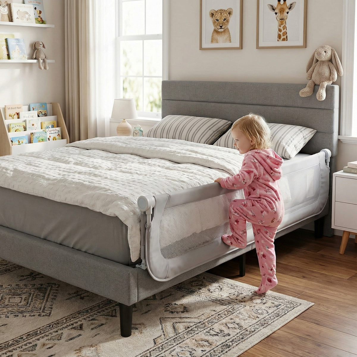 Costway Barrière de Lit Pliable Barrière de Lit Bébé Ajustable de 120 CM avec Housse Amovible en Tissu Oxford & Base en U Robuste Gris