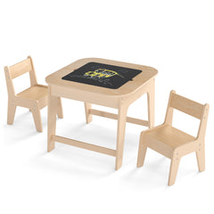 Costway Table avec 2 Chaises Enfants 3-6 Ans - Plateau 2 Face : Noir et Blanc Dessin Effaçable Espace de Rangement Caché Naturel