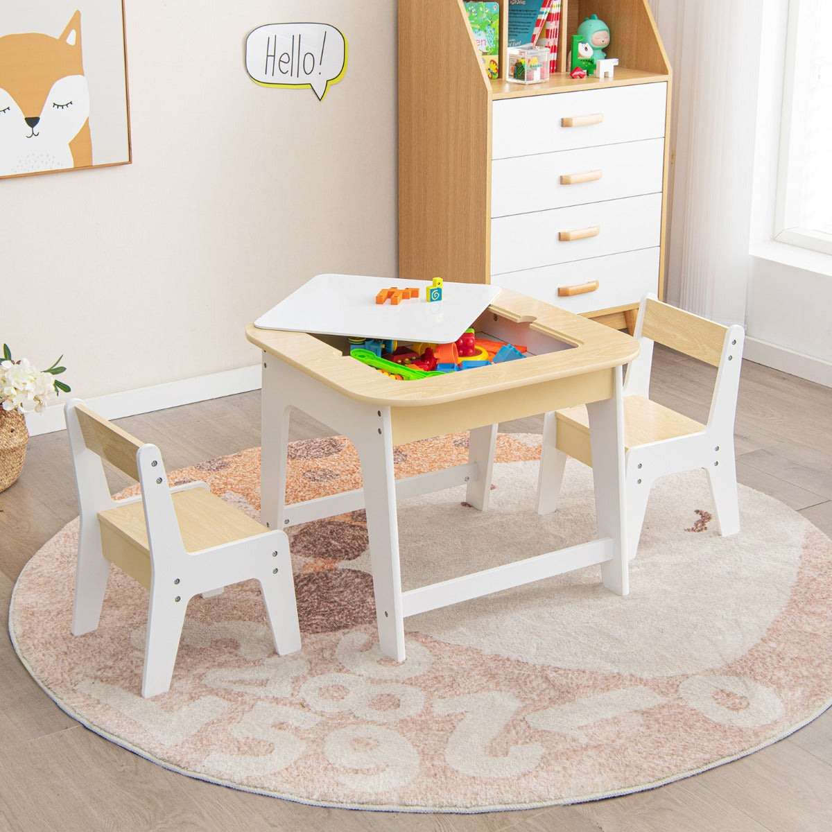 Costway Table avec 2 Chaises Enfants 3-6 Ans - Plateau 2 Face : Noir et Blanc Dessin Effaçable Espace de Rangement Caché Naturel et Blanc
