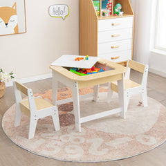 Costway Table avec 2 Chaises Enfants 3-6 Ans - Plateau 2 Face : Noir et Blanc Dessin Effaçable Espace de Rangement Caché Naturel et Blanc