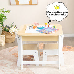 Costway Table avec 2 Chaises Enfants 3-6 Ans - Plateau 2 Face : Noir et Blanc Dessin Effaçable Espace de Rangement Caché Naturel et Blanc