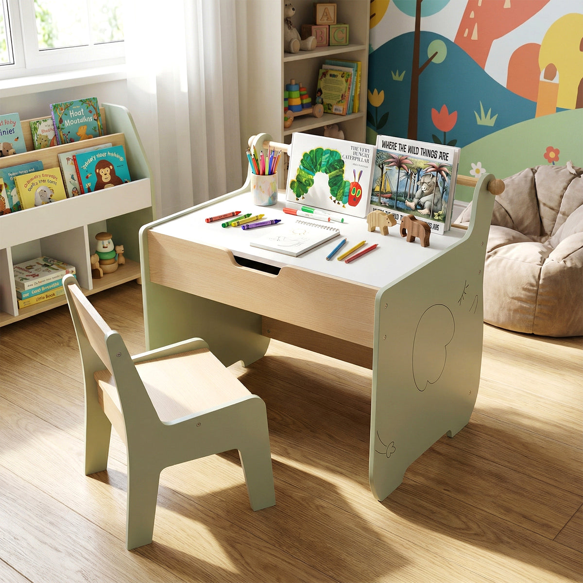 Costway Table et Chaise pour Enfants Bureau d'Activités en Bois pour Tout-petits Plateau Amovible 2 en 1 Rangement Porte-rouleau de Papier Vert