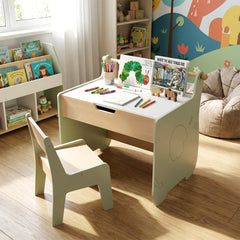 Costway Table et Chaise pour Enfants Bureau d'Activités en Bois pour Tout-petits Plateau Amovible 2 en 1 Rangement Porte-rouleau de Papier Vert