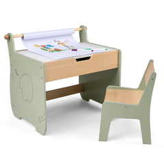 Costway Table et Chaise pour Enfants Bureau d'Activités en Bois pour Tout-petits Plateau Amovible 2 en 1 Rangement Porte-rouleau de Papier Vert