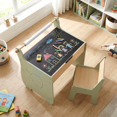 Costway Table et Chaise pour Enfants Bureau d'Activités en Bois pour Tout-petits Plateau Amovible 2 en 1 Rangement Porte-rouleau de Papier Vert