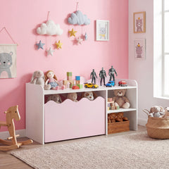 Costway Meuble de Rangement Enfant Bureau Enfant avec Coffre Mobile Plateau Spacieux Étagère Couvercle Relevable 4 Roulettes Rose
