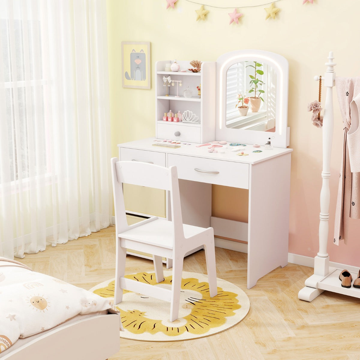 Costway Ensemble Coiffeuse pour Enfants avec Miroir Lumineux Table de Maquillage Princesse avec Miroir et Lumières Étagères Ouvertes Blanc