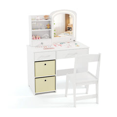 Costway Ensemble Coiffeuse pour Enfants avec Miroir Lumineux Table de Maquillage Princesse avec Miroir et Lumières Étagères Ouvertes Blanc