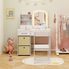Costway Ensemble Coiffeuse pour Enfants avec Miroir Lumineux Table de Maquillage Princesse avec Miroir et Lumières Étagères Ouvertes Blanc