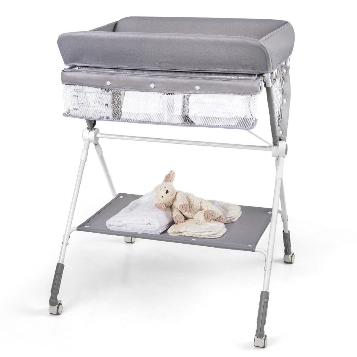 Costway Table à Langer Pliante pour Bébé Table à Langer Portable Réglable en Hauteur sur 4 Niveaux avec Roulettes Étagère et Panier Station Gris